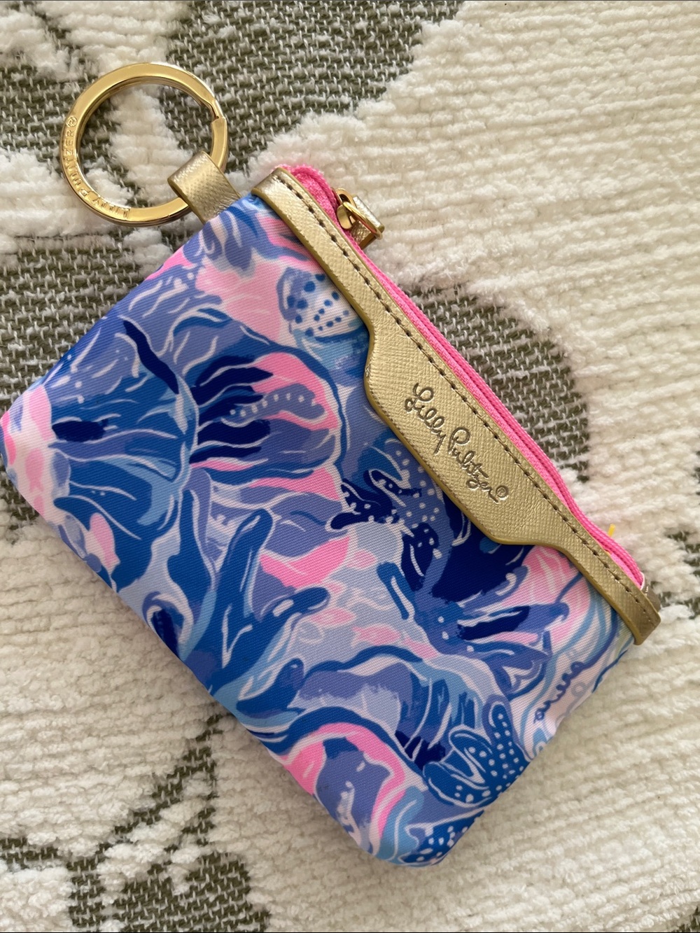 Lilly Pulitzer Blue & Pink Floral Keychain Card Holder with Gold Trim
